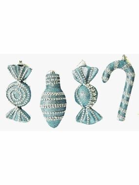 Light Blue Sparkle Candy Xmas Ornaments Glitter Candy Cane Bulb Baby Boy Lot 4x